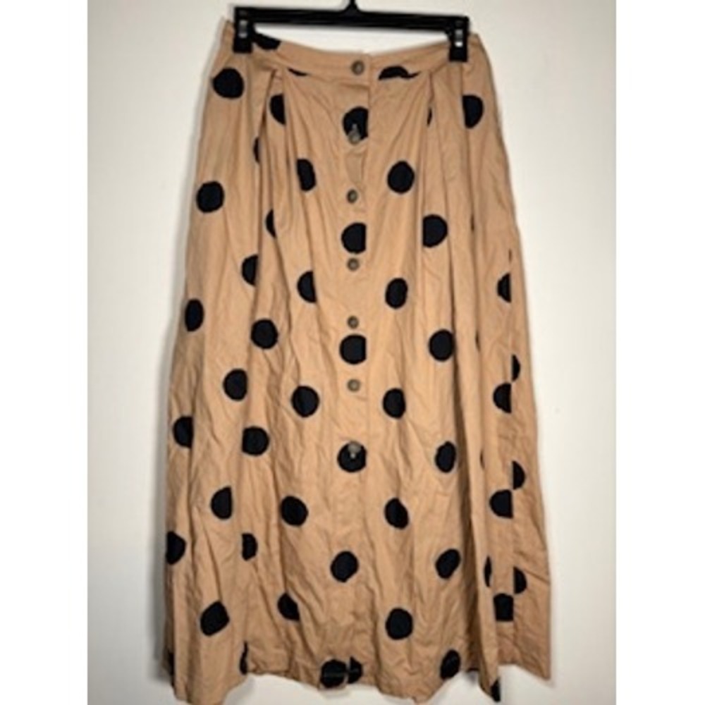 WHO WHAT WEAR Midi Skirt‎ 4 Tan Black Polka Dot Button Front Cotton Retro A-Line